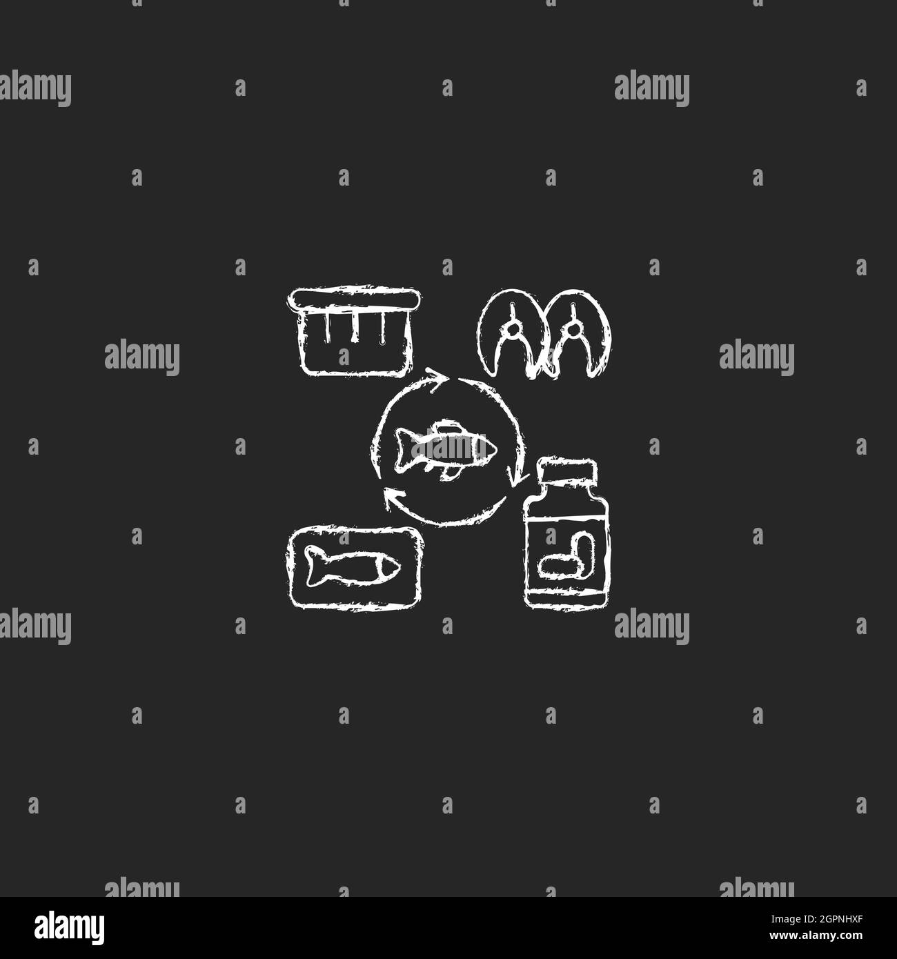 Producing fish products chalk white icon on dark background Stock Vector