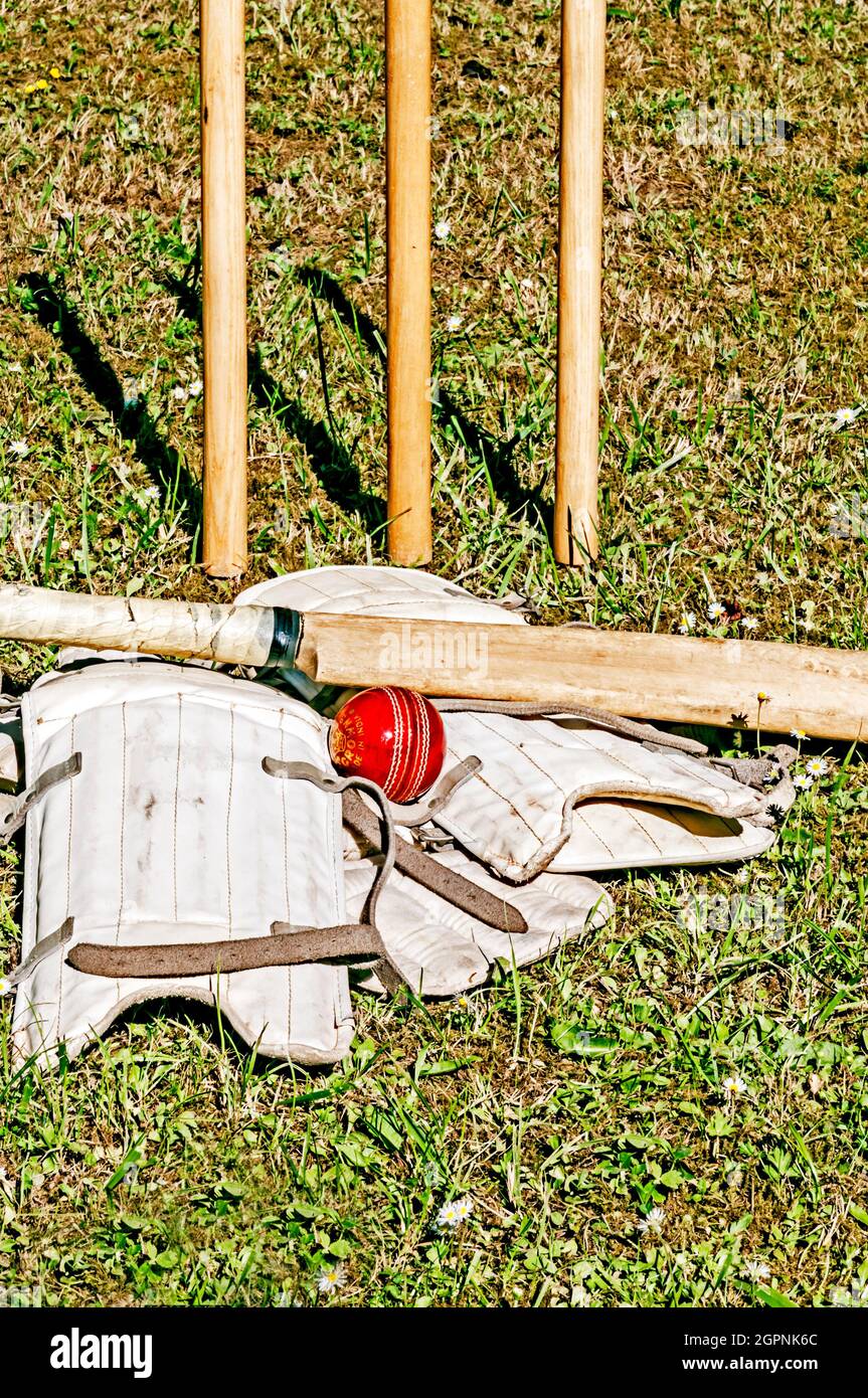 Equipment for Cricket, Cricketausrüstung Stock Photo
