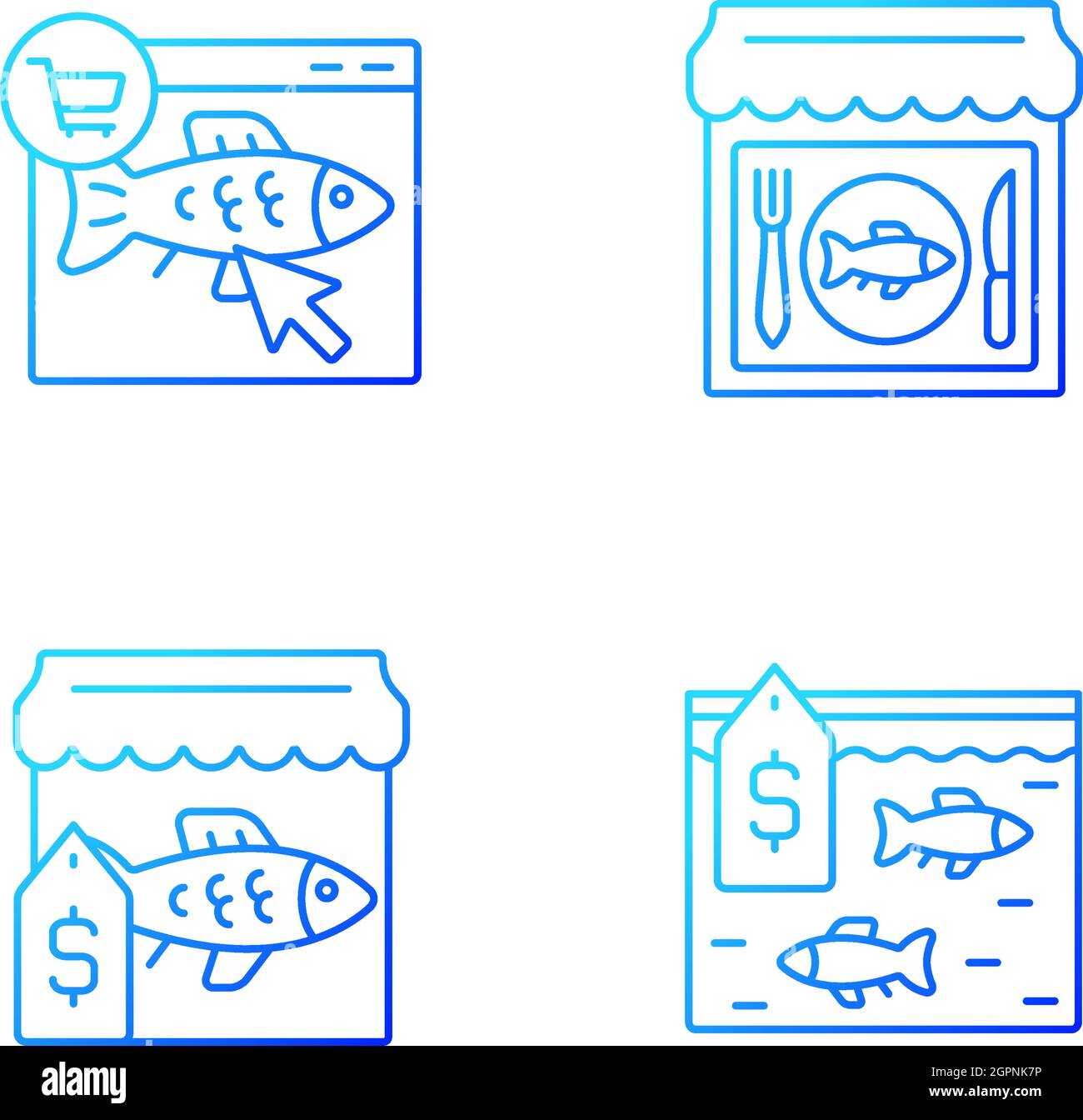 Seafood product selling gradient linear vector icons set Stock Vector