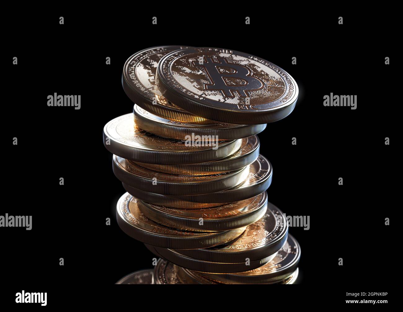 A crumbling and falling stack of gold physical bitcoin coins on a dark ...