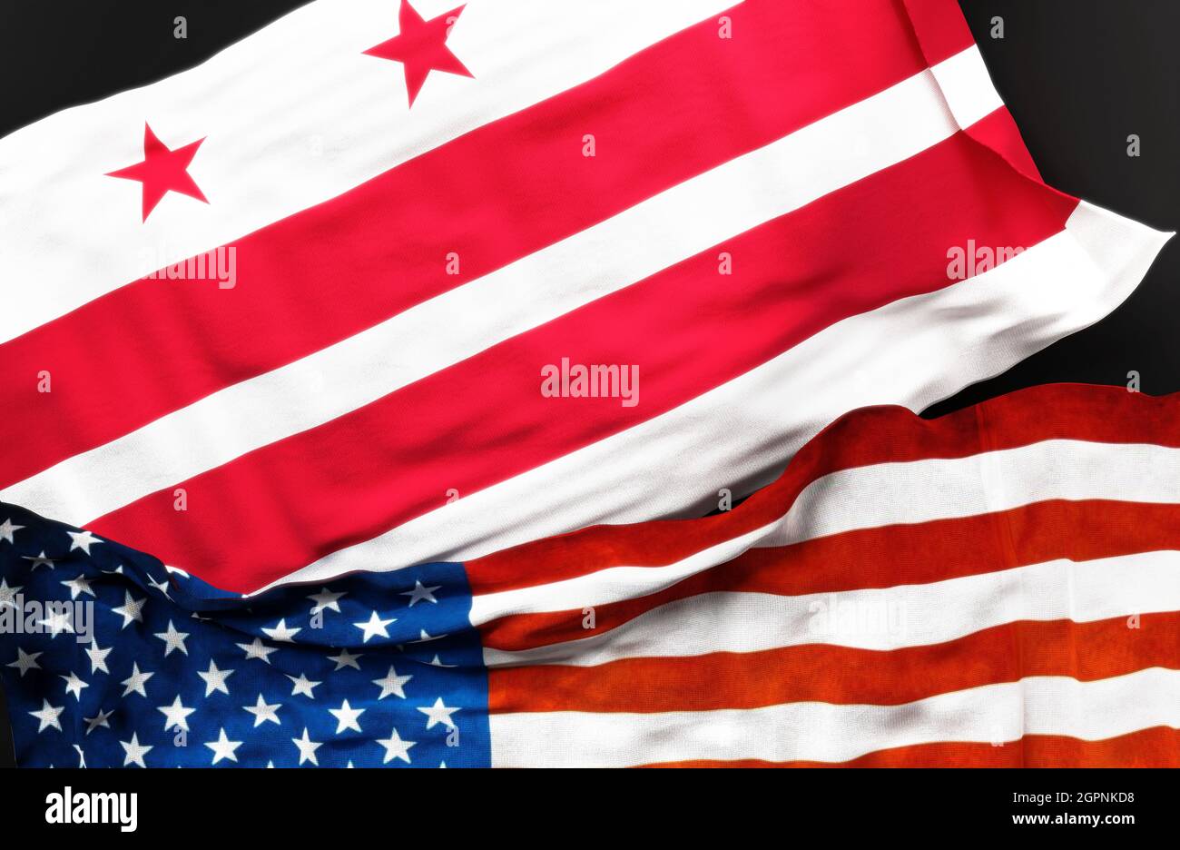 Flag of the District of Columbia along with a flag of the United States of America as a symbol of unity between them, 3d illustration Stock Photo