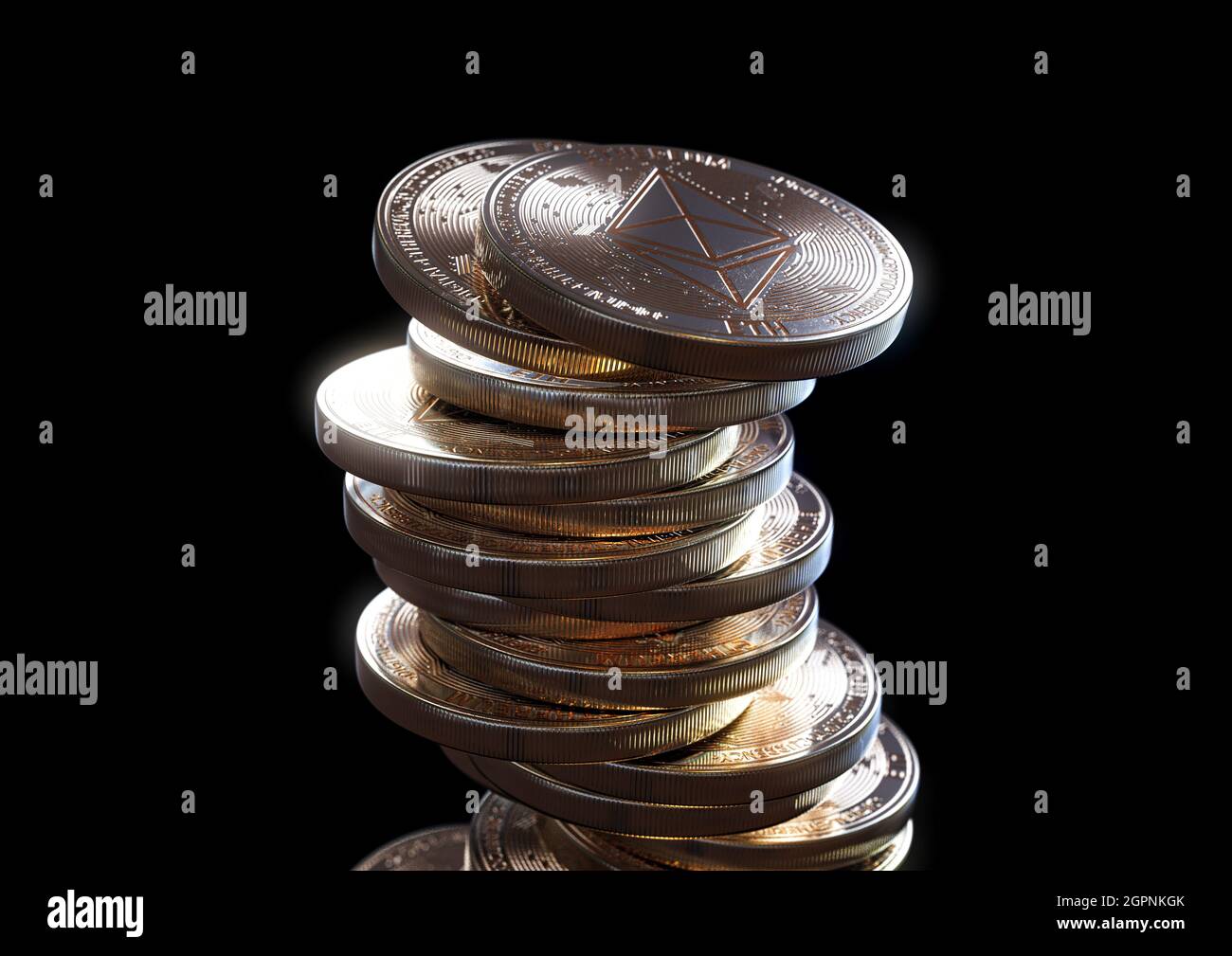 Coin Stack Shrinking A crumbling and falling stack of gold physical ethereum coins on a dark ...