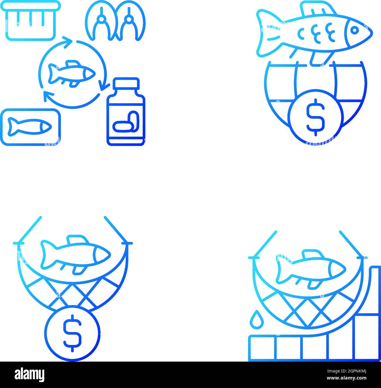 Fish product producing and trade gradient linear vector icons set Stock Vector