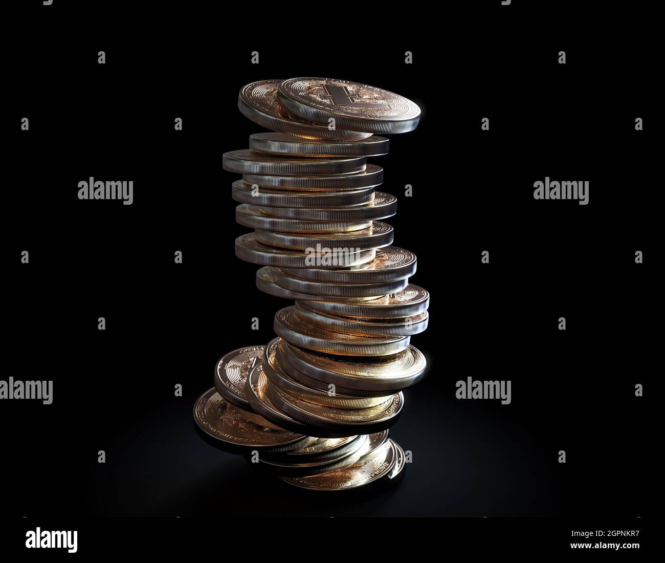 Coin Stack Shrinking A crumbling and falling stack of gold physical litecoin coins on a dark ...