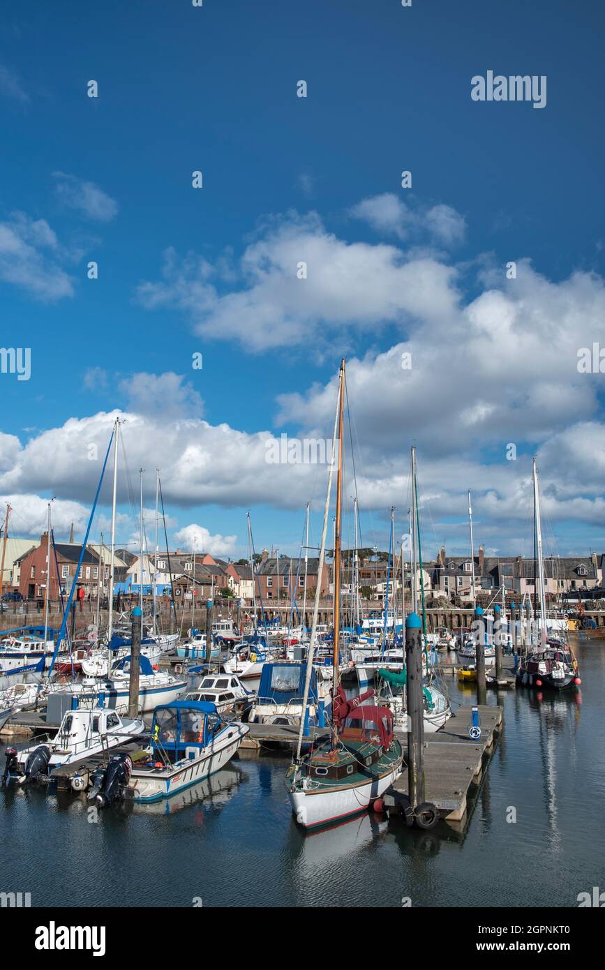 Boats in the colourful, picturesque Arbroath harbour, Angus, Scotland. Stock Photo