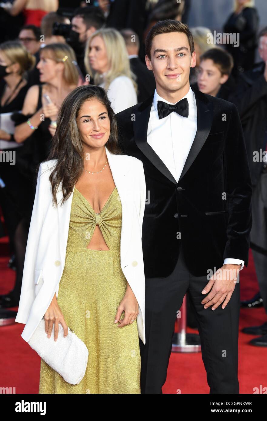 September 28th, 2021, London, UK George Russell and Carmen Montero arriving at the No Time To Die World Premiere, the Royal Albert Hall, London. Credi Stock Photo