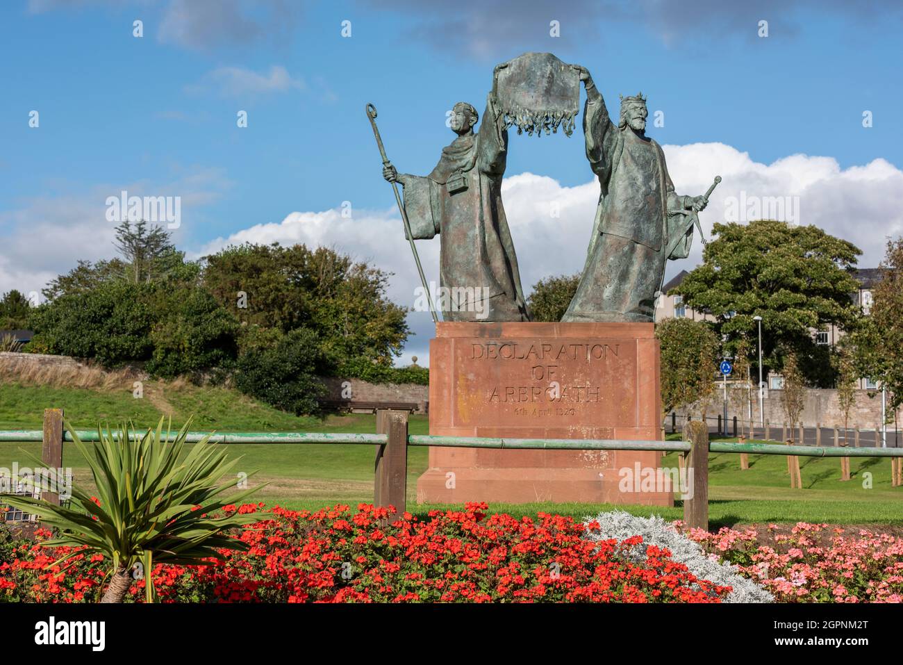 Colourful floral display in front of the Declaration of Arbroath monument, Arbroath,  Angus, Scotland. Stock Photo