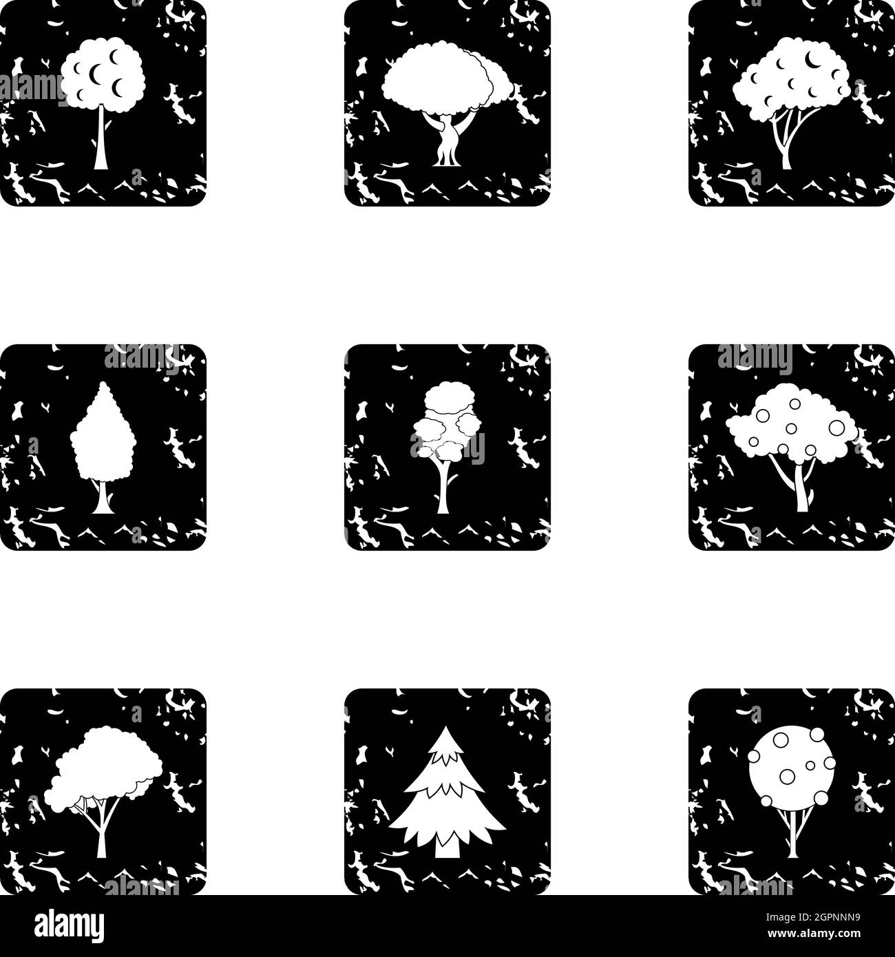 Trees icons set, grunge style Stock Vector