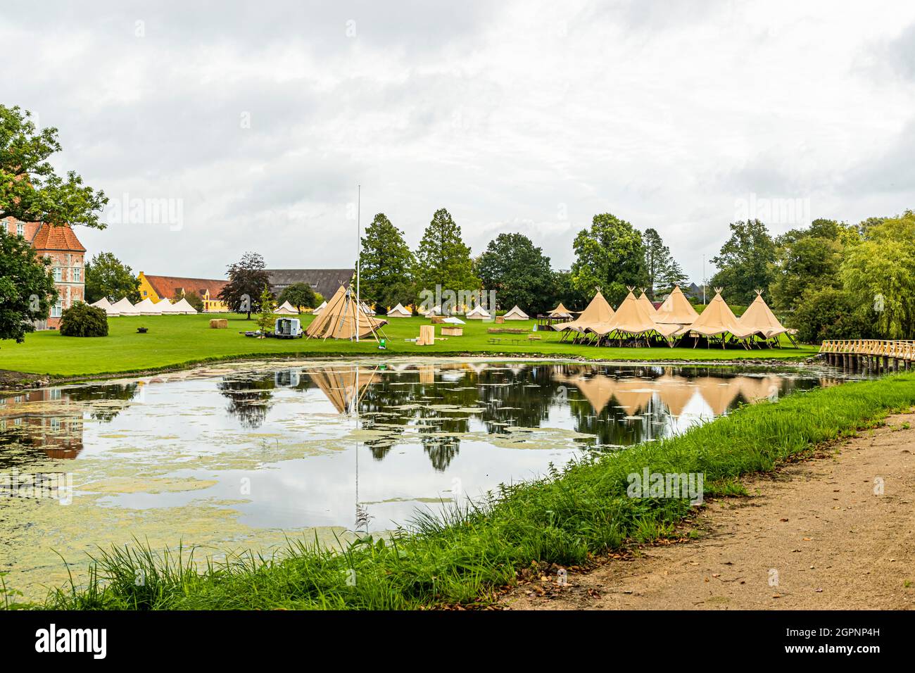 Festival in glamping tents at Brahetrolleborg Castle Skov and Landbrug near Faaborg-Midtfyn, Denmark. The audience has been invited by three big Danish Companies. The public had no access to the three closed events in September 2021. Stock Photo