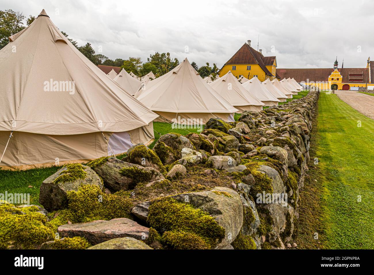 Festival in glamping tents at Brahetrolleborg Castle Skov and Landbrug near Faaborg-Midtfyn, Denmark. The audience has been invited by three big Danish Companies. The public had no access to the three closed events in September 2021. Stock Photo
