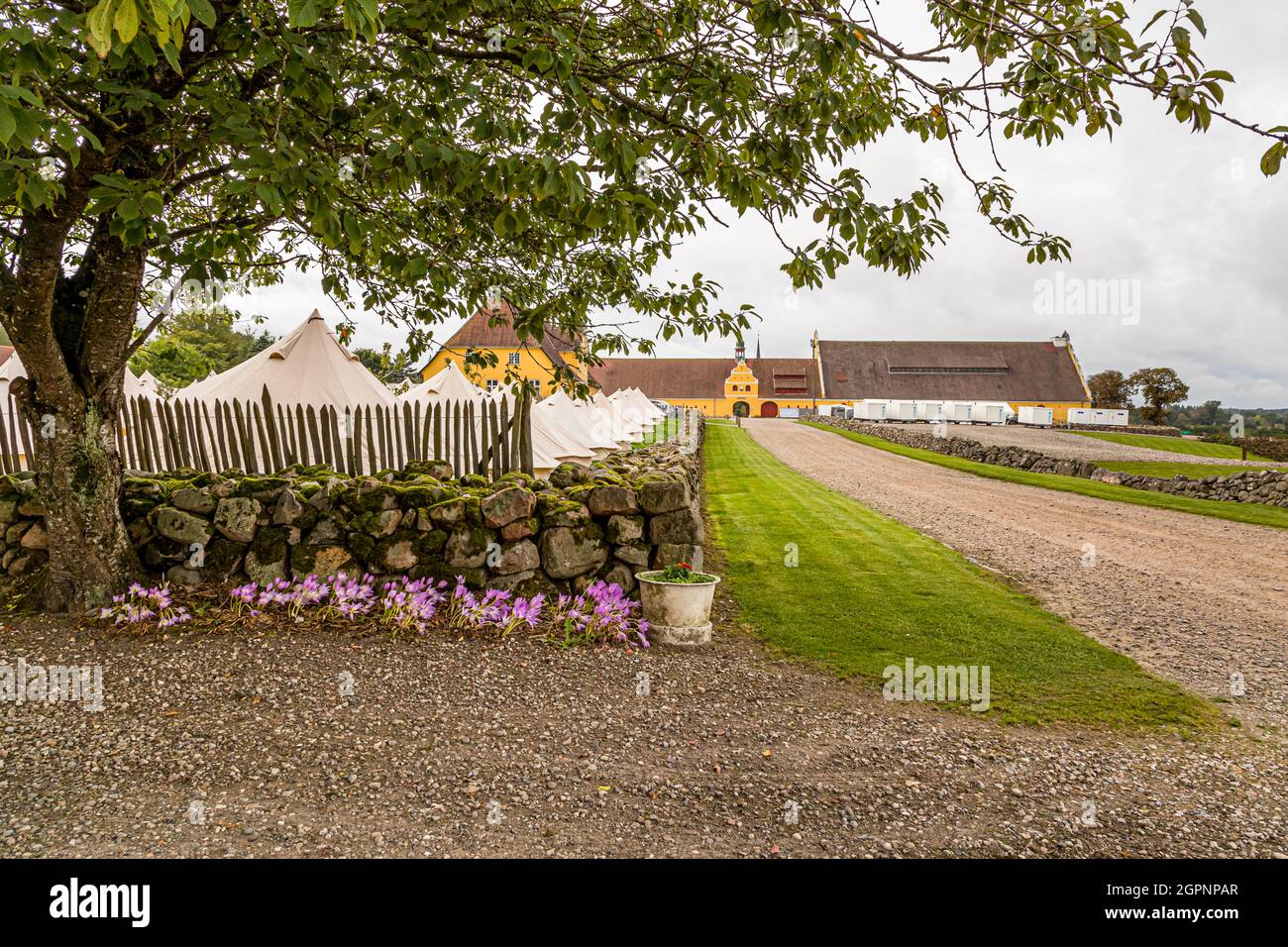Festival in glamping tents at Brahetrolleborg Castle Skov and Landbrug near Faaborg-Midtfyn, Denmark. The audience has been invited by three big Danish Companies. The public had no access to the three closed events in September 2021. Stock Photo