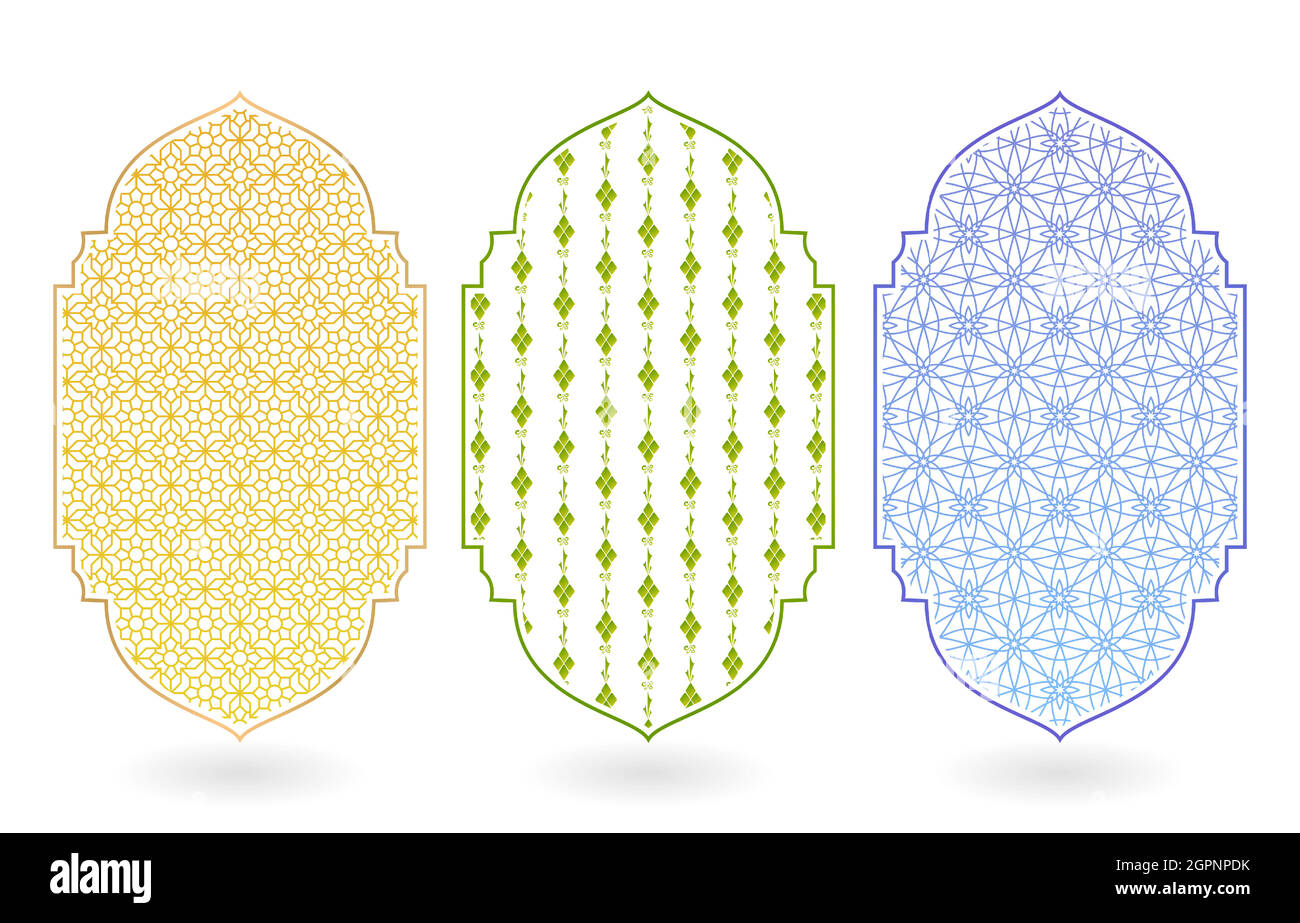 Three illustration Islamic pattern with frame isolated white background. applicable for banner, poster, flyer, greeting cards, invitation. Stock Vector