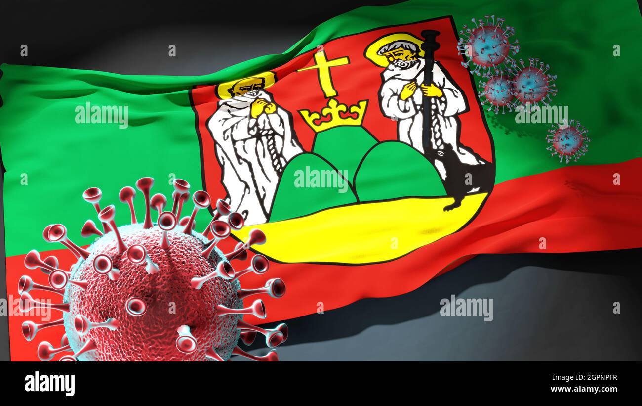Covid in Suwalki - coronavirus attacking a city flag of Suwalki as a symbol of a fight and struggle with the virus pandemic in this city, 3d illustrat Stock Photo