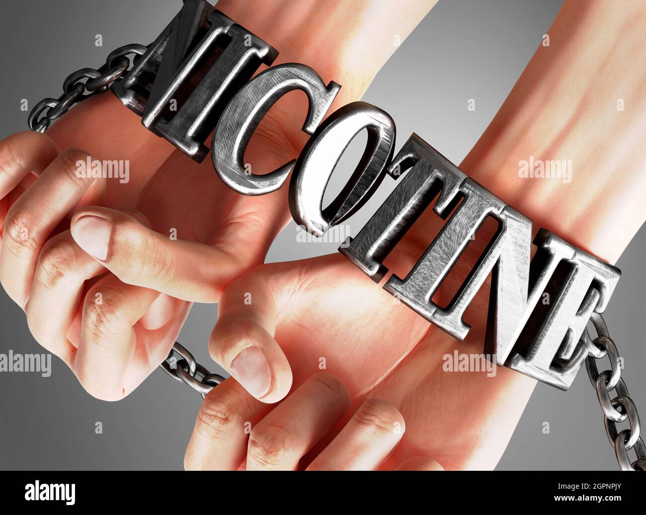 Social impact and influence of nicotine - analogy showing human hands in chains with a word nicotine as a symbol of its burden and misery it bring to Stock Photo