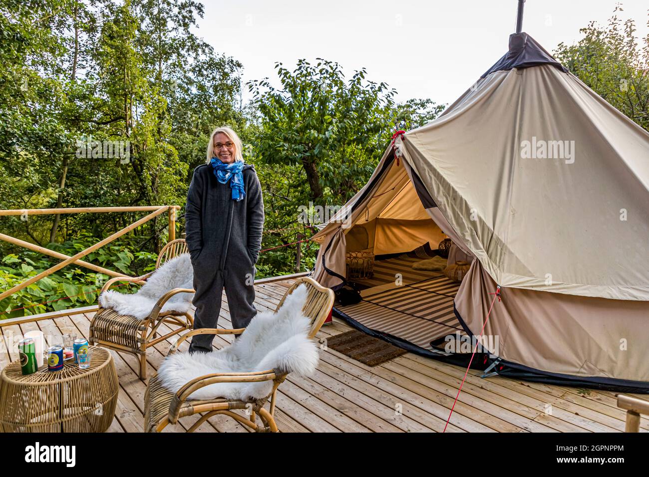 Glamping in the garden of the Villa Skovly (Beths Hus), Svendborg, Denmark Stock Photo