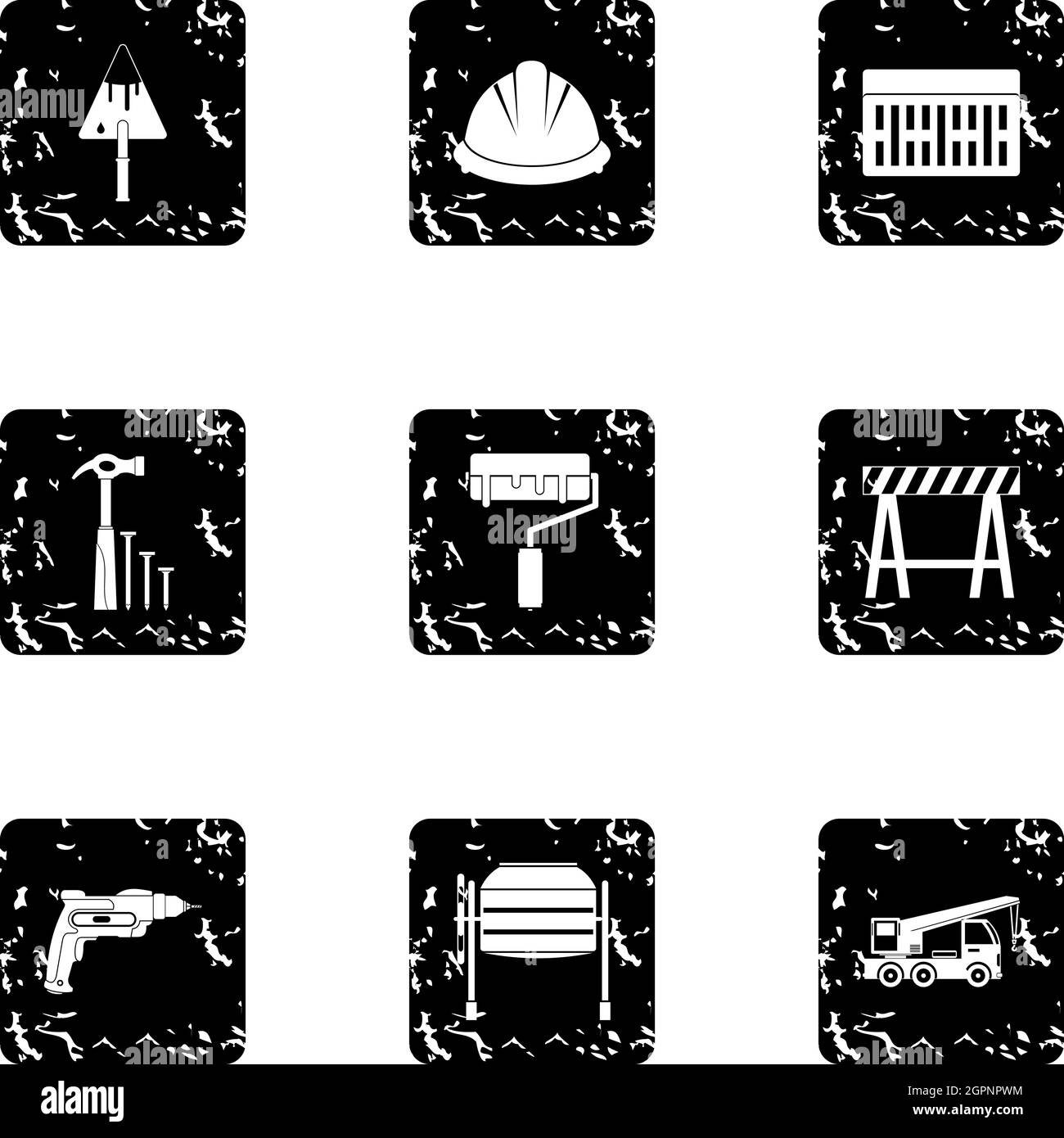 Construction icons set, grunge style Stock Vector