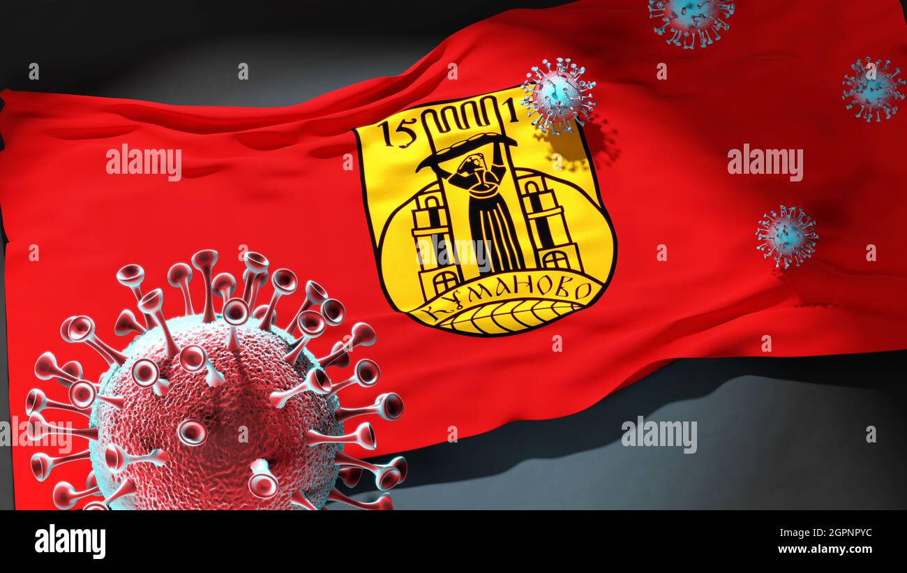Covid in Kumanovo Municipality North Macedonia - coronavirus and a flag of Kumanovo Municipality North Macedonia as a symbol of pandemic in this city, Stock Photo