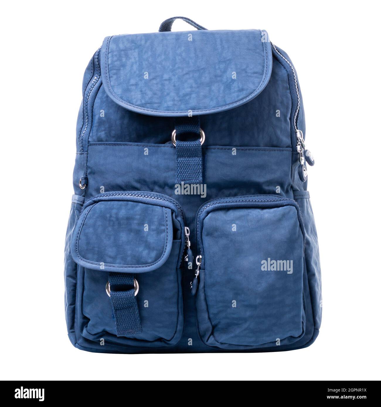 Blue backpack textile with flap. Isolated on a white background