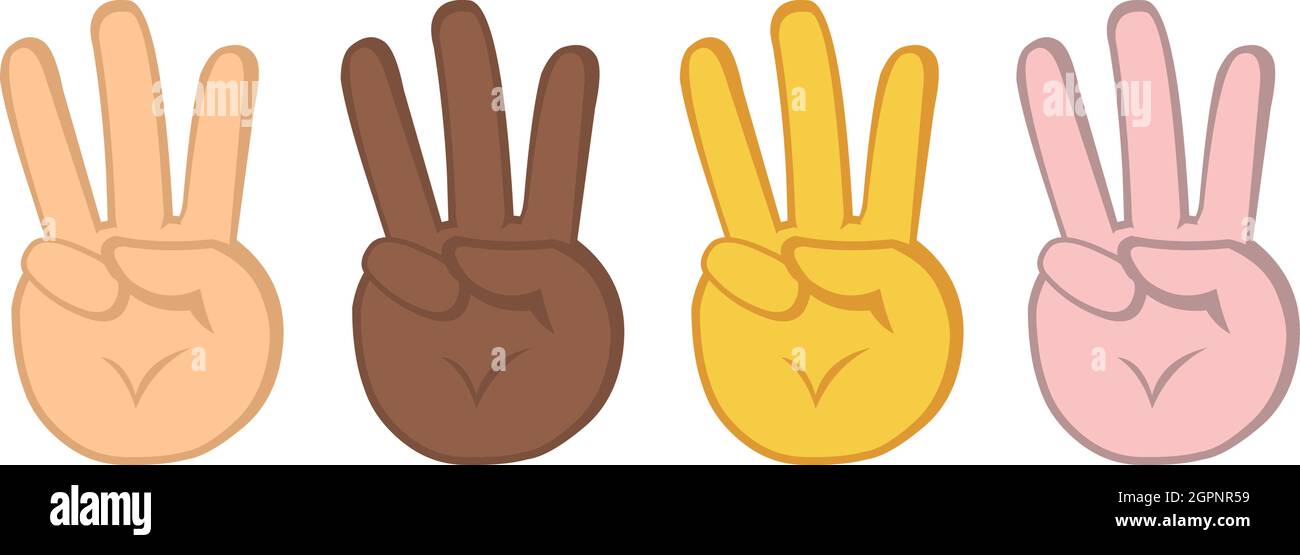 Vector illustration of emoticons of hands of different colors, counting or doing the number three with their fingers Stock Vector