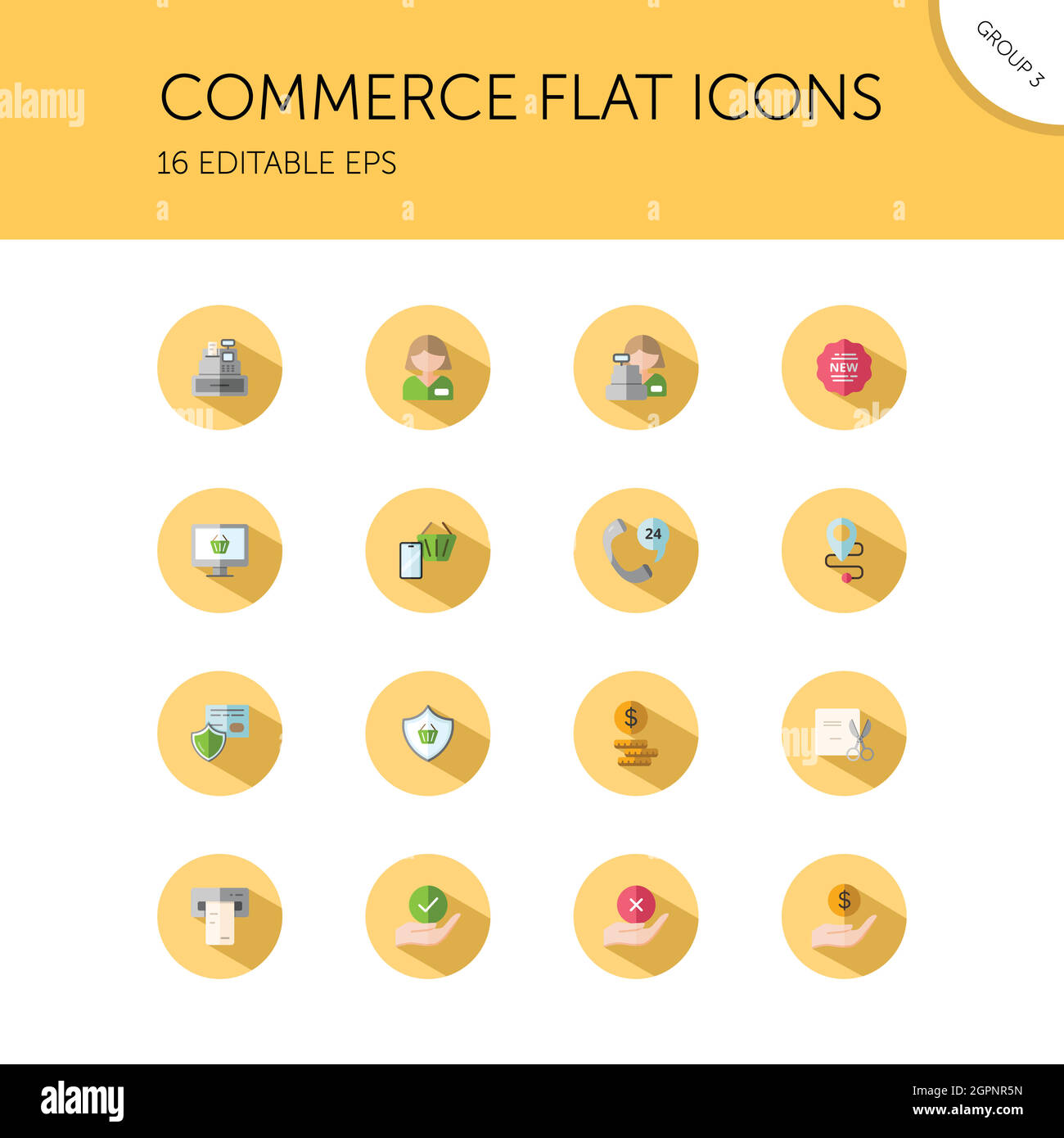 Commerce. People, cashier machine, phone, security, ticket, money and hands group. Isolated icon set in a circle. Flat vector illustration Stock Vector