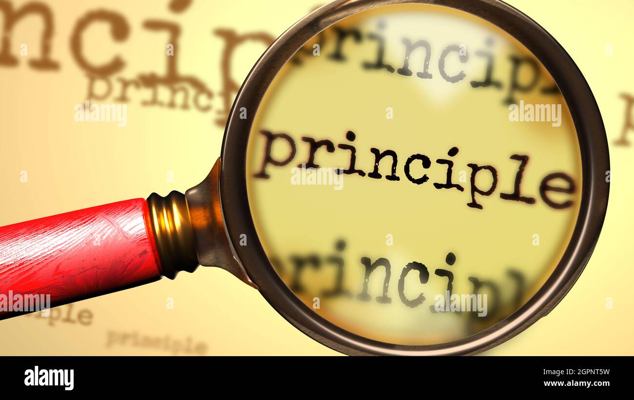 Principle and a magnifying glass on English word Principle to symbolize studying, examining or searching for an explanation and answers related to a c Stock Photo