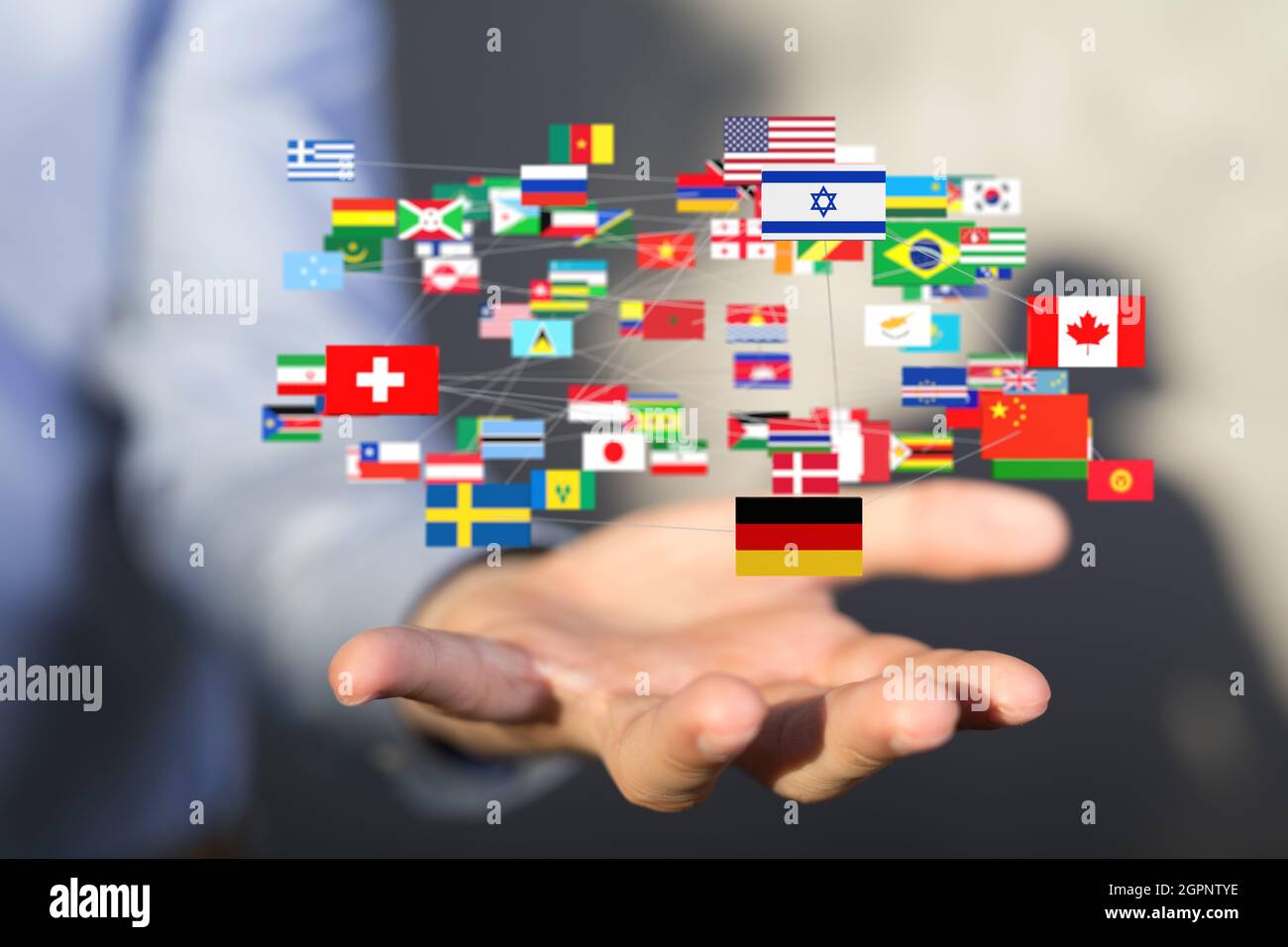 3d rendering of different national flags in a global communication