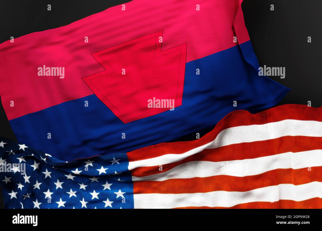 Flag of the United States Army 28th Infantry Division along with a flag of the United States of America as a symbol of a connection between them, 3d i Stock Photo