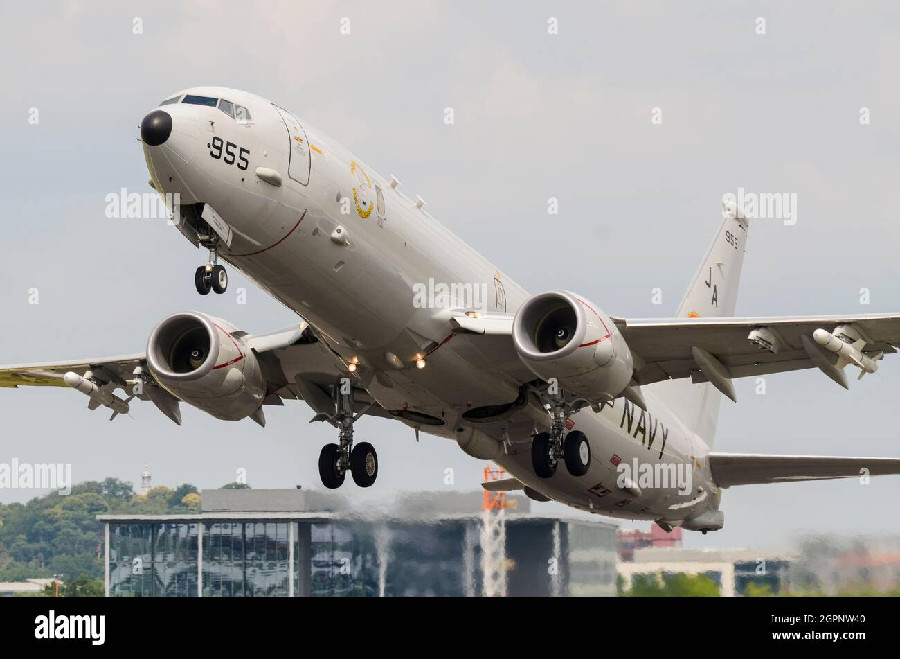 US Navy Boeing P-8 Poseidon military jet aircraft developed for the United States Navy, taking off to display at the Farnborough International Airshow Stock Photo