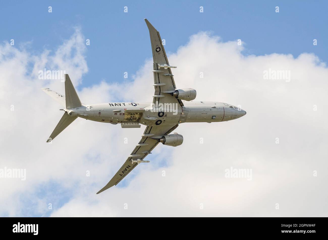 US Navy Boeing P-8A Poseidon military anti ship and anti submarine jet aircraft developed for the United States Navy, flying at Farnborough Airshow Stock Photo