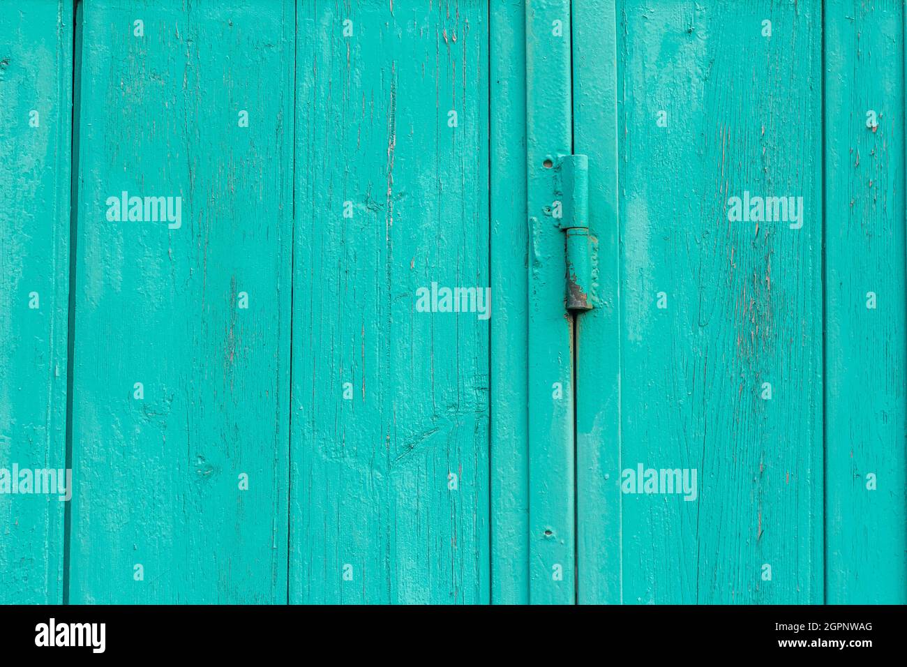 A fragment of an old wooden door of blue or turquoise color on rusty hinges Stock Photo