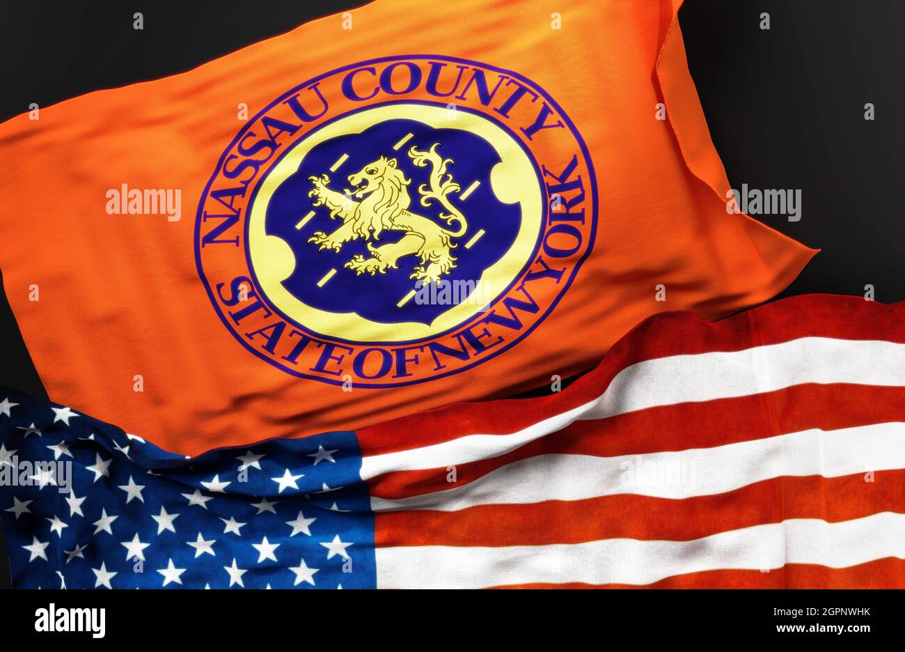 Flag of Nassau County New York along with a flag of the United States of America as a symbol of unity between them, 3d illustration Stock Photo