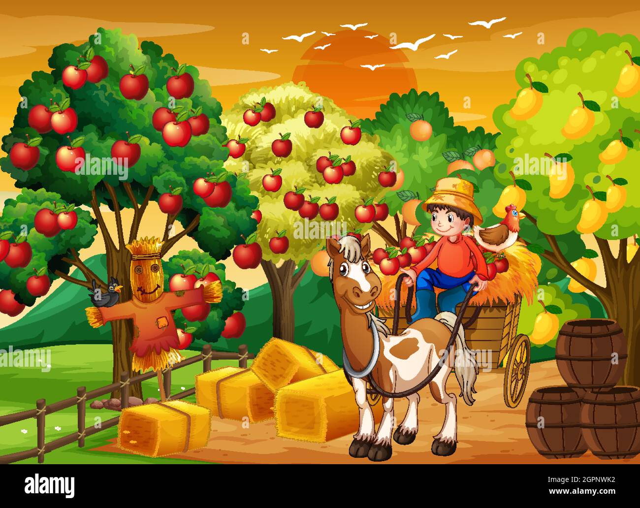 Farm scene with farmer boy on horse vehicle illustration Stock Vector ...