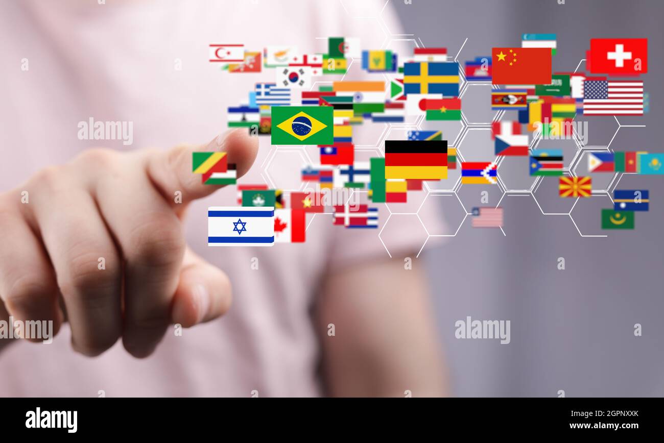 3d rendering of different national flags in a global communication