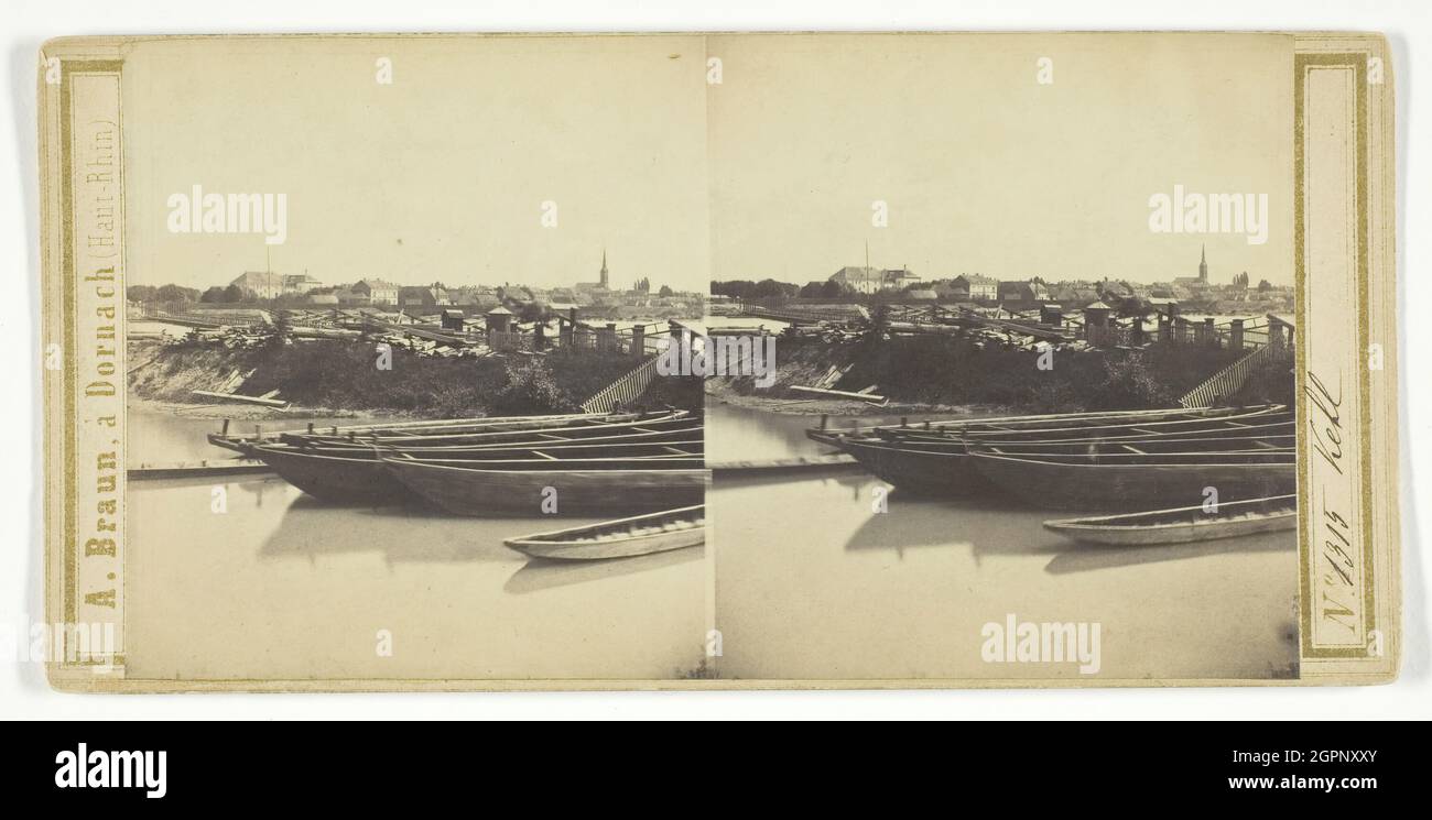 Kehl, 1850/77. Boats on the river Rhine in southwestern Germany. Albumen print, stereocard. Stock Photo