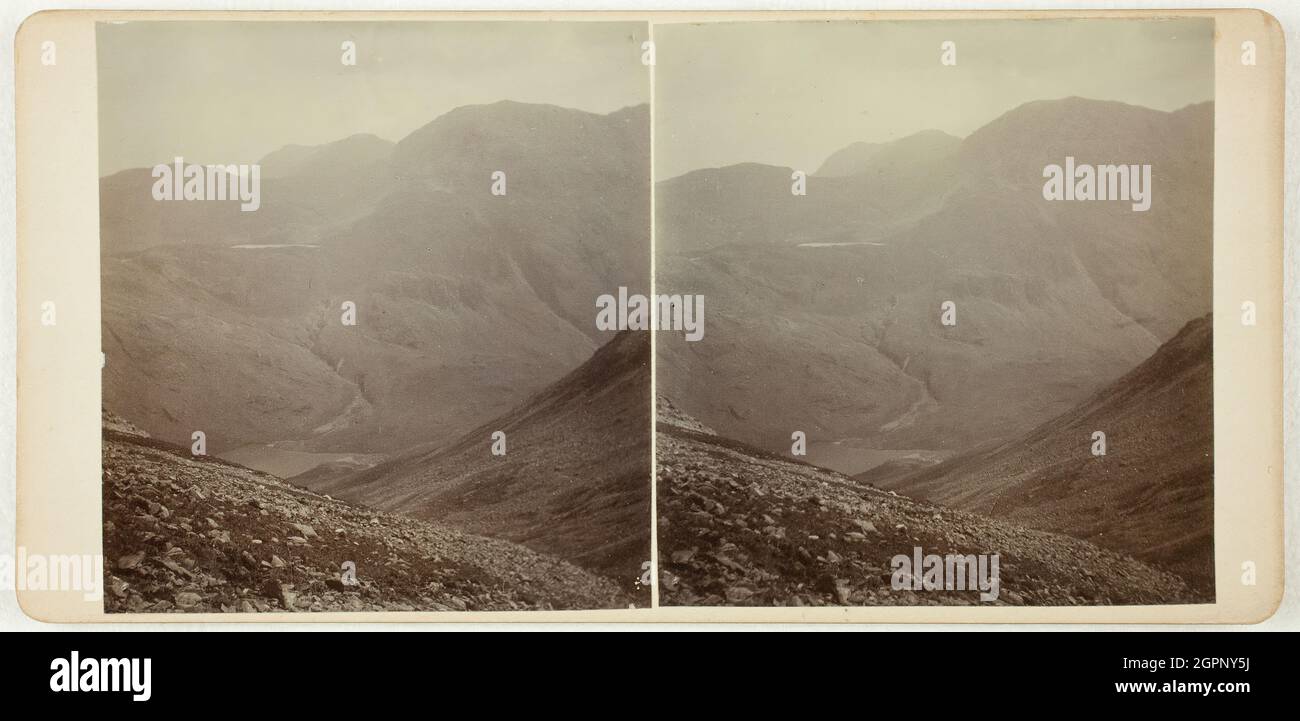 Untitled (Esk House from Green Gable), 1860s. [View of Esk Hause, a mountain pass in the English Lake District, Cumbria. Albumen print, stereocard. Stock Photo