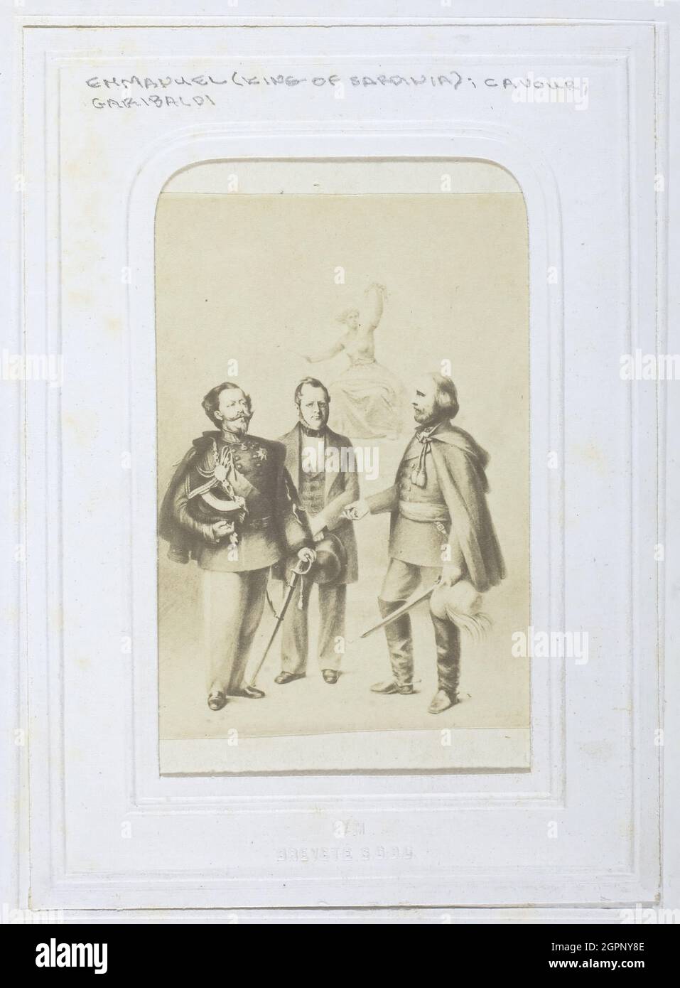 Victor Emmanuel II King of Sardinia, Giuseppe Garibaldi and Camillo Benso, Count of Cavour, 1860-69. Albumen print of an artwork. Stock Photo
