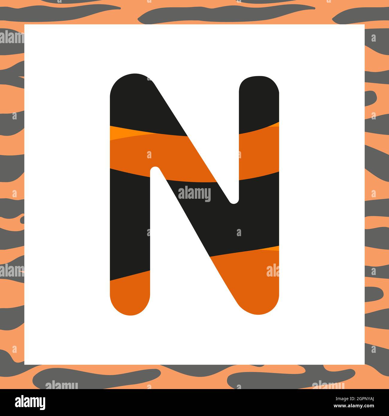 Letter N with tiger pattern. Festive font and frame from orange with black stripes alphabet, symbol for New Year and Christmas Stock Vector