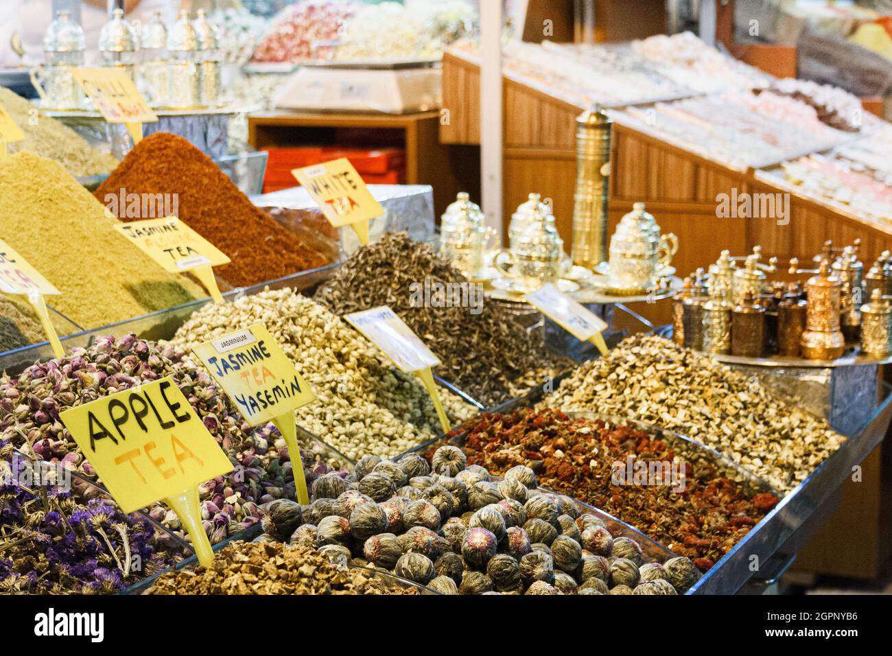 Istanbul, Turkey; May 27th 2013: Varieties of tea in the spice market. Stock Photo