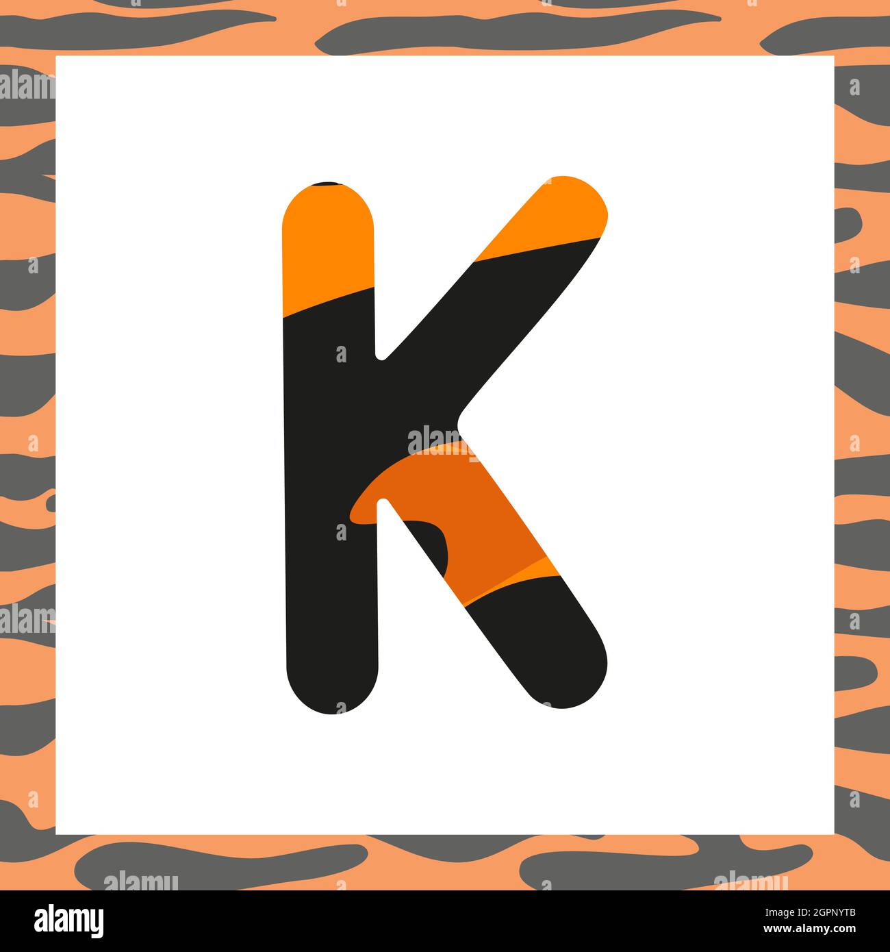 Letter K with tiger pattern. Festive font and frame from orange with black stripes alphabet, symbol for New Year and Christmas Stock Vector