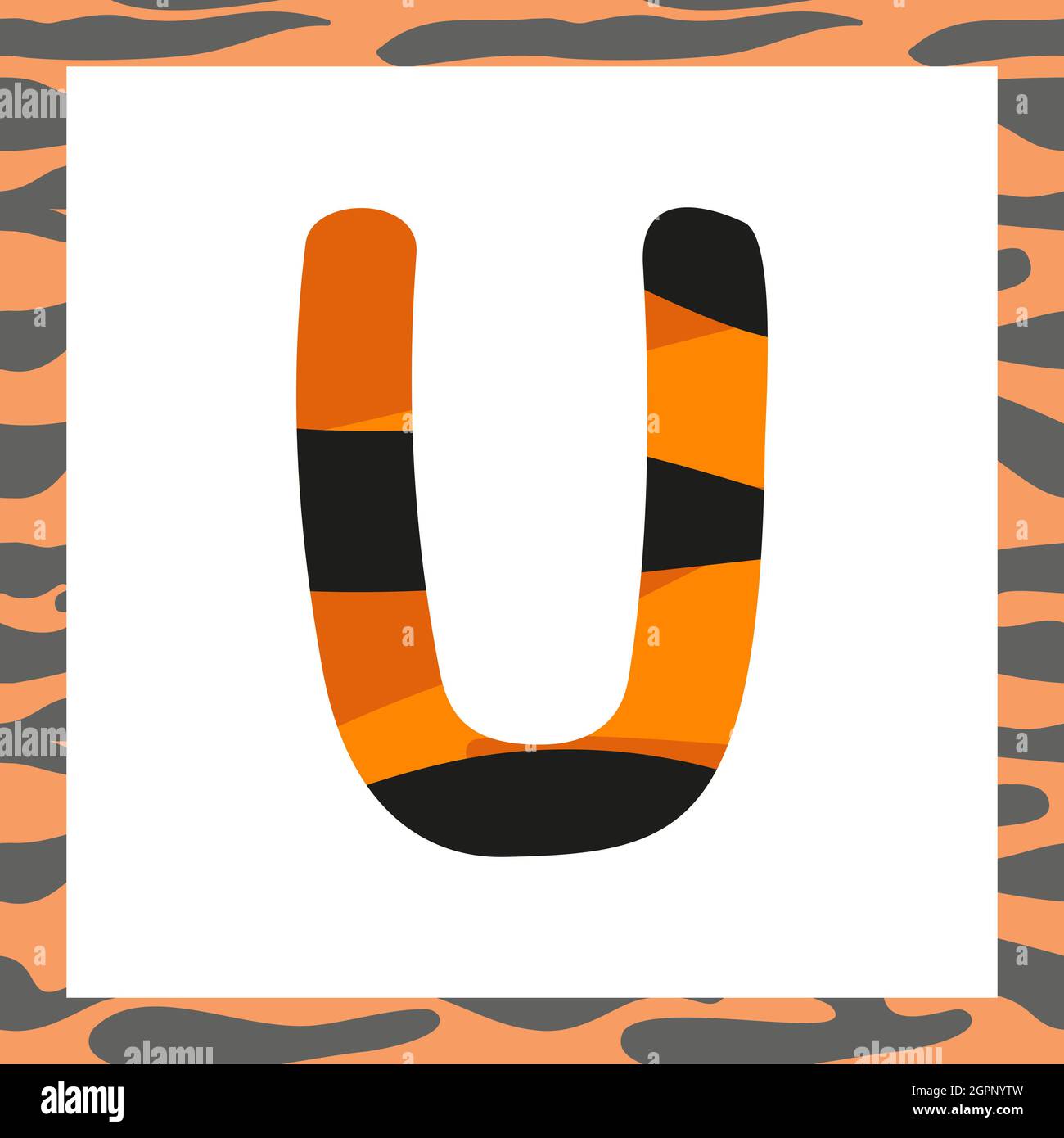 Letter U with tiger pattern. Festive font and frame from orange with black stripes alphabet, symbol for New Year and Christmas Stock Vector