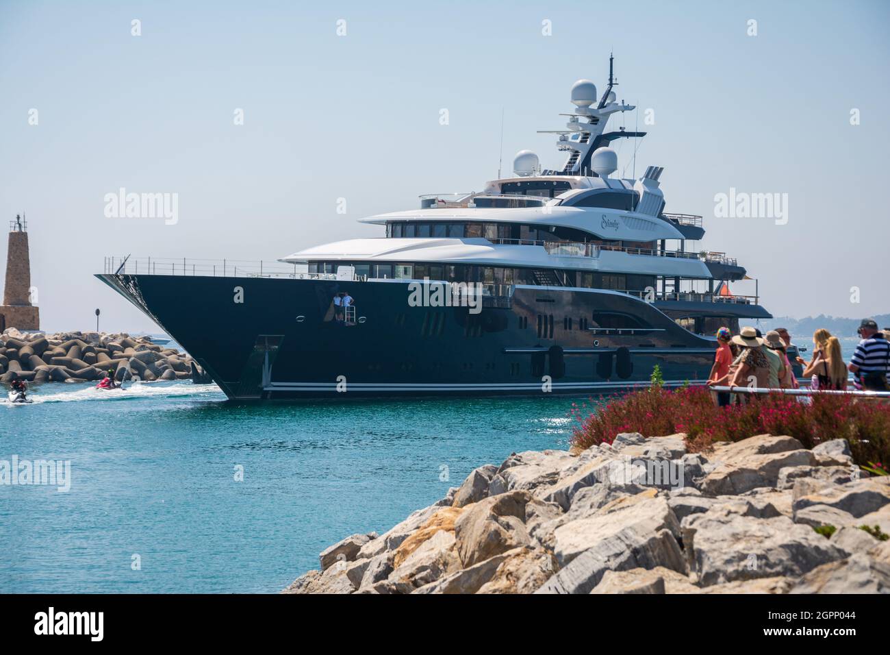 Marbella, Malaga, Spain September 1, 2019. Mega yacht Solandge of 85 meters, build by Lürssen Shipyard in Germany arriving to Puerto Banus port Stock Photo