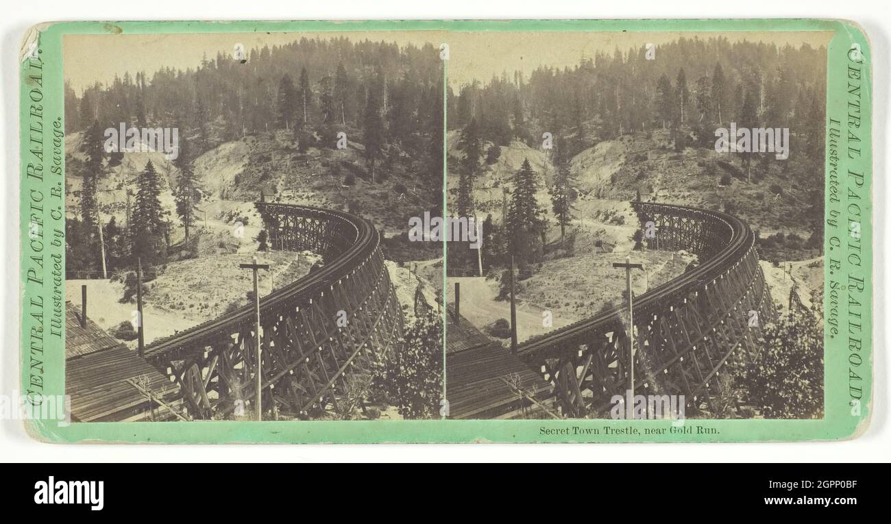 Secret Town Trestle, near Gold Run, 1859/62. [Wooden trestle bridge on