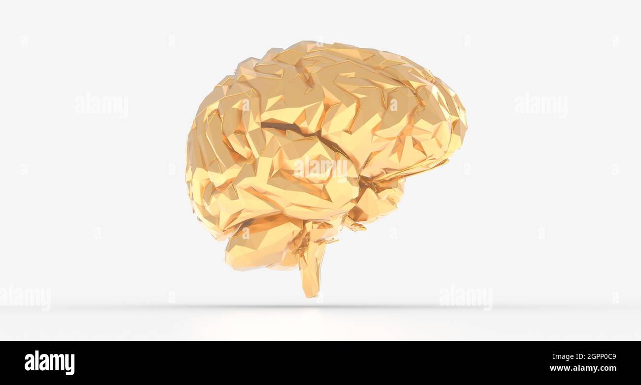 3D rendering of a golden brain isolated on a white background Stock ...