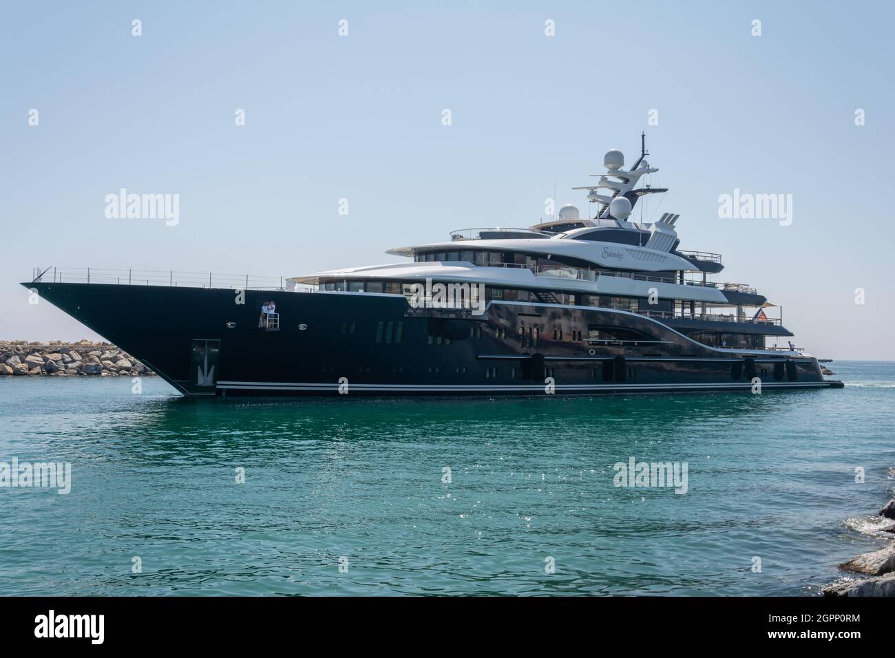 Marbella, Malaga, Spain September 1, 2019. Mega yacht Solandge of 85 meters, build by Lürssen Shipyard in Germany arriving to Puerto Banus port Stock Photo