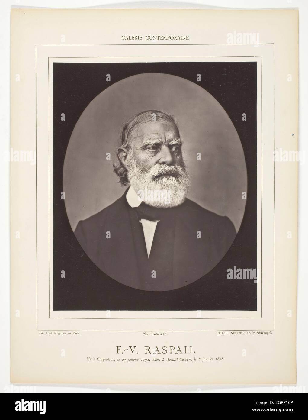 F.V. Raspail, c. 1876. [Portrait of Fran&#xe7;ois-Vincent Raspail, French chemist, botanist and politician]. Woodburytype, from the periodical &quot;Galerie Contemporaine Litt&#xe9;raire, Artistique&quot; (1878), volume 5. Stock Photo