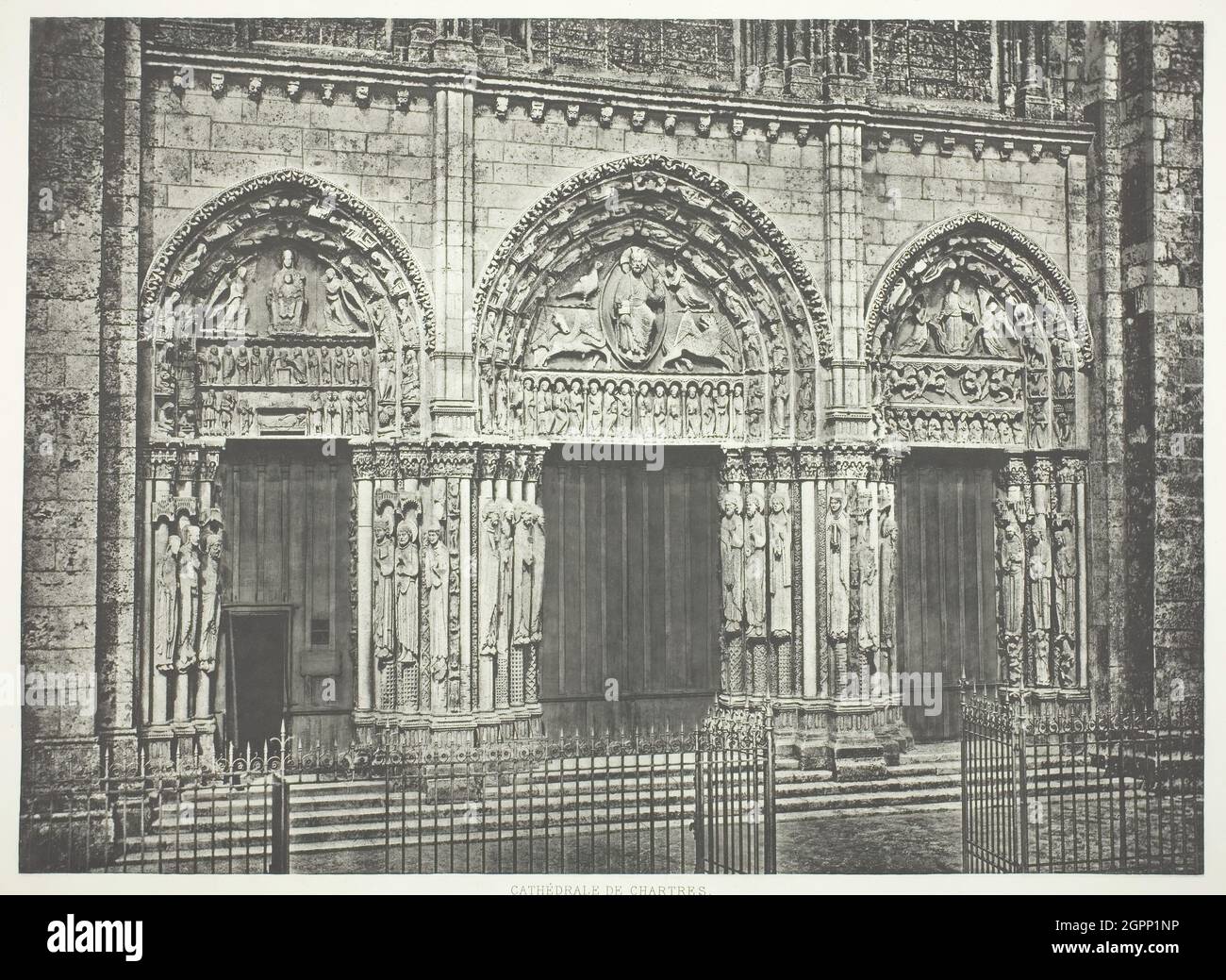 Main Portal, Chartres Cathedral, c. 1860, printed c. 1873. [12th century carving on the facade of the cathedral in Chartres, France]. Heliogravure (photogravure). Stock Photo