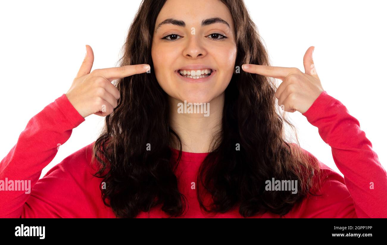 Young woman smiling cheerful showing and pointing with fingers
