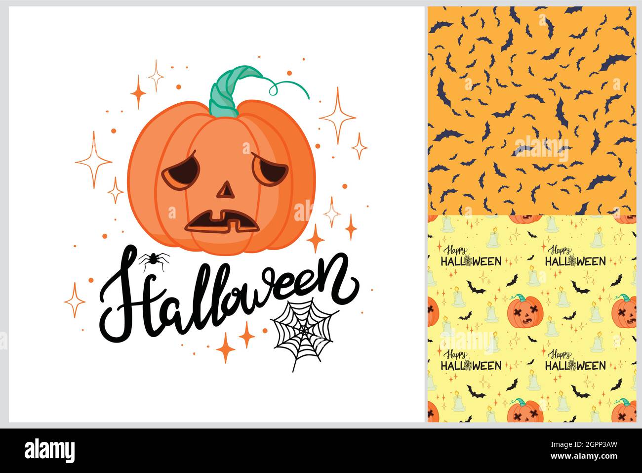 Halloween retro pattern various seamless patterns. Black and orange. Vector, illustration. Stock Vector