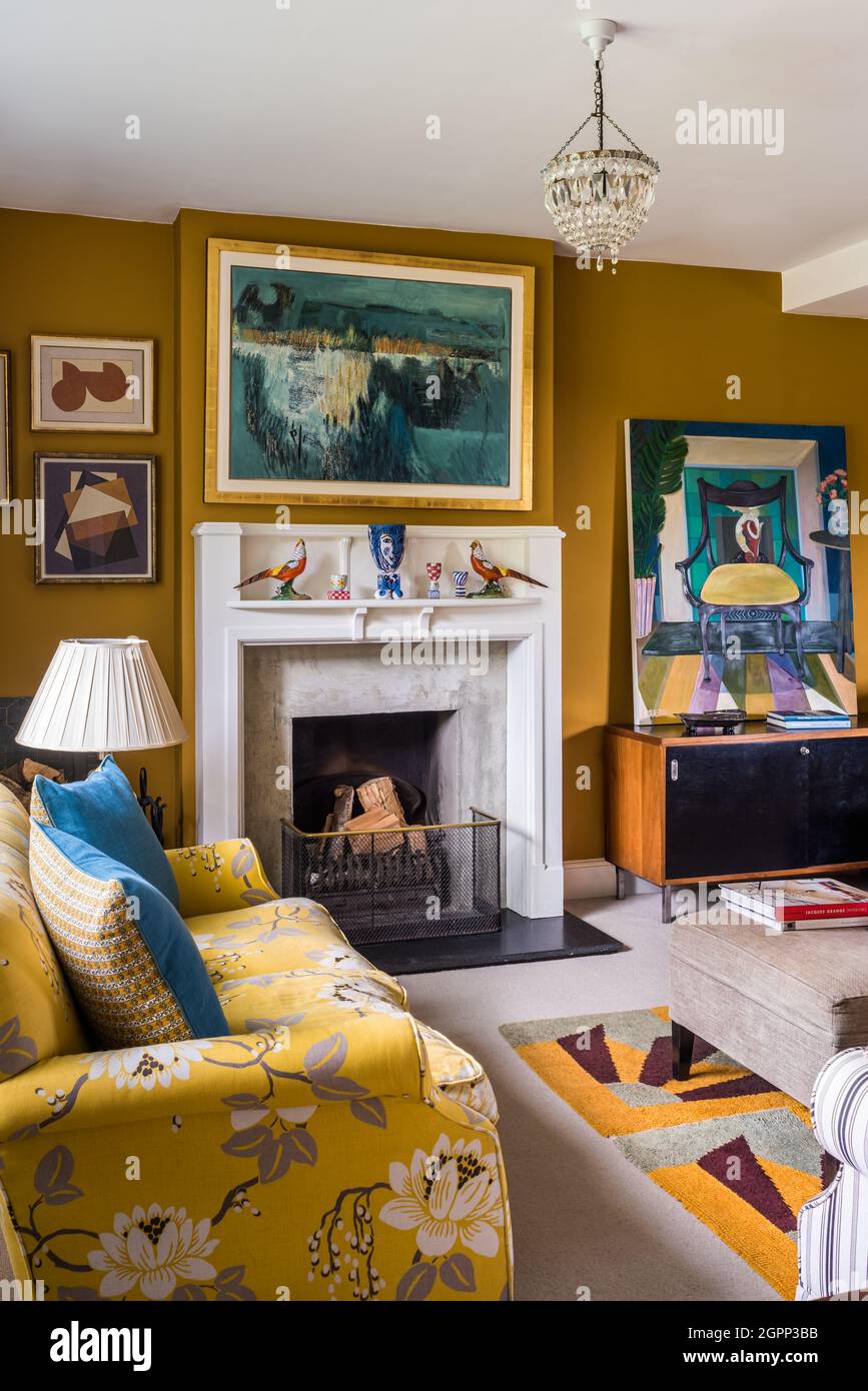 Collection of modern British art in Sussex farmhouse living room, UK ...