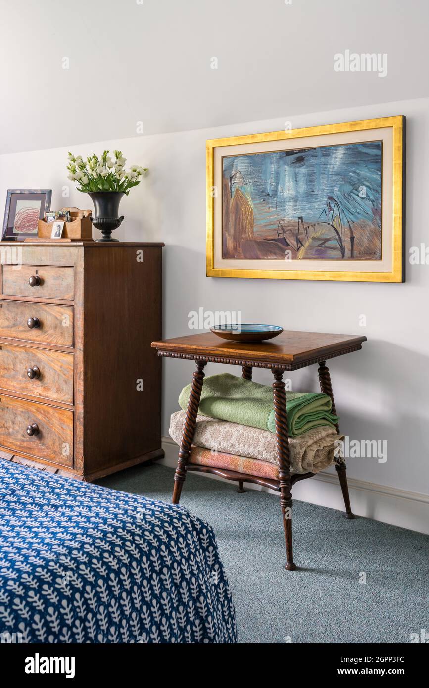 Humphrey Spender artwork with mid century furniture in Sussex bedroom, UK Stock Photo